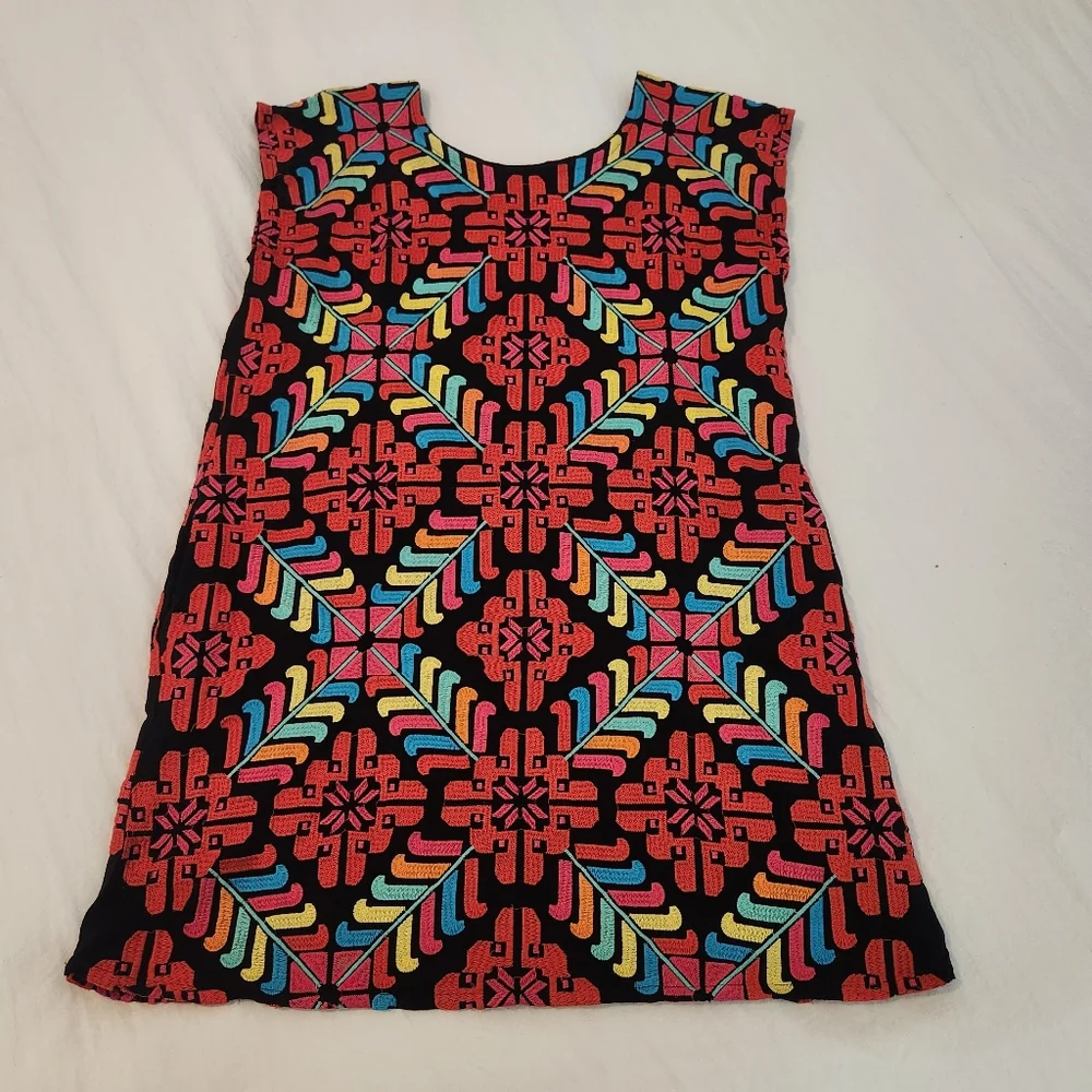 J.Marie Embroidered Shift Dress Vacation Resortwear Bright Mexico Geometric Sz S - Picture 11 of 12